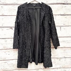 EILEEN FISHER Black Fringe 100% Silk Mid Length Jacket Sz 10